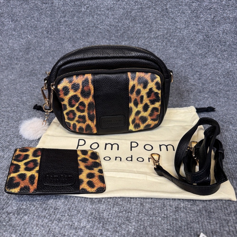 Pom Pom London Original Crossbody Bag Black Leopard RFID Slim Card Case Zipper